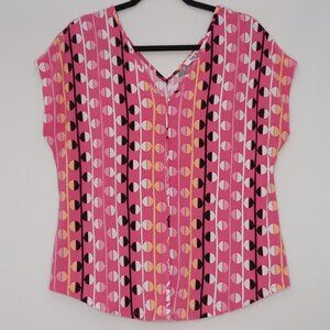 Women's Bar III Pink/White/Black/Orange Circle V-Neck Blouse Size Medium